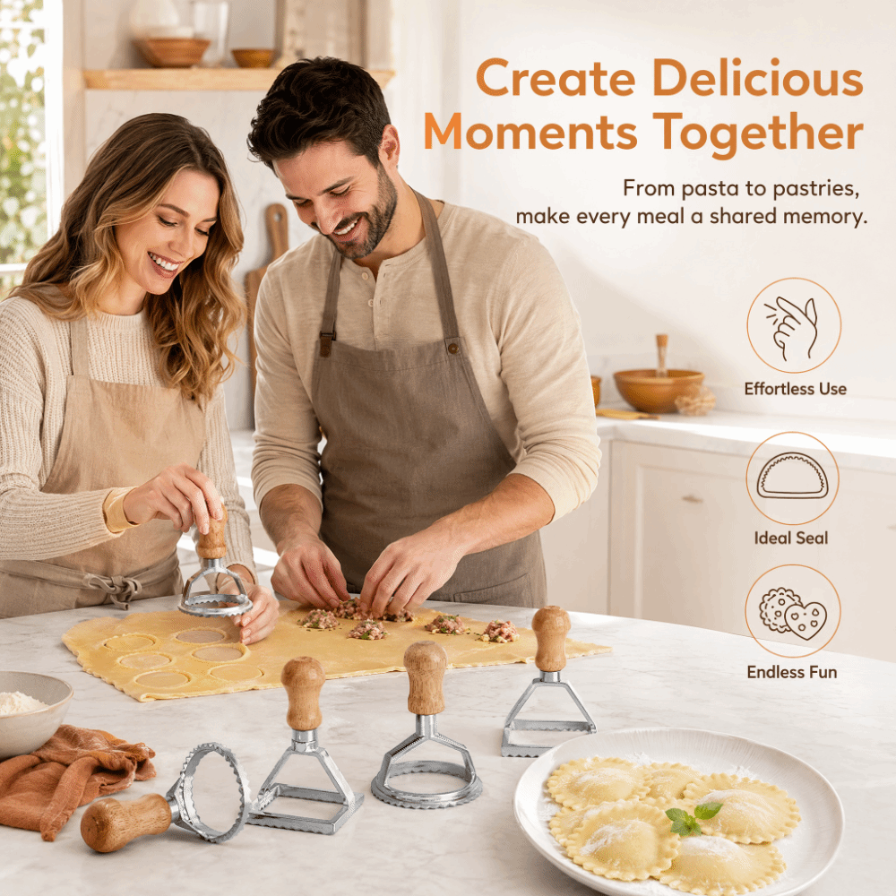 Dumpling Press Set - 7-teiliges Individuelles Ravioli-Ausstecher-Set aus Massivholz und